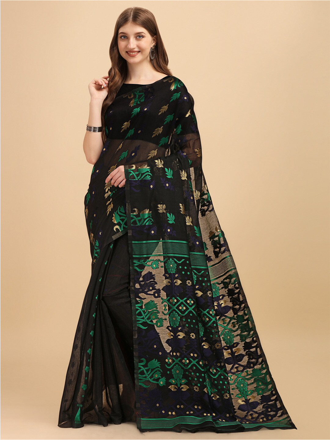 

Naishu Trendz Floral Woven Design Pure Silk Kanjeevaram Saree, Black