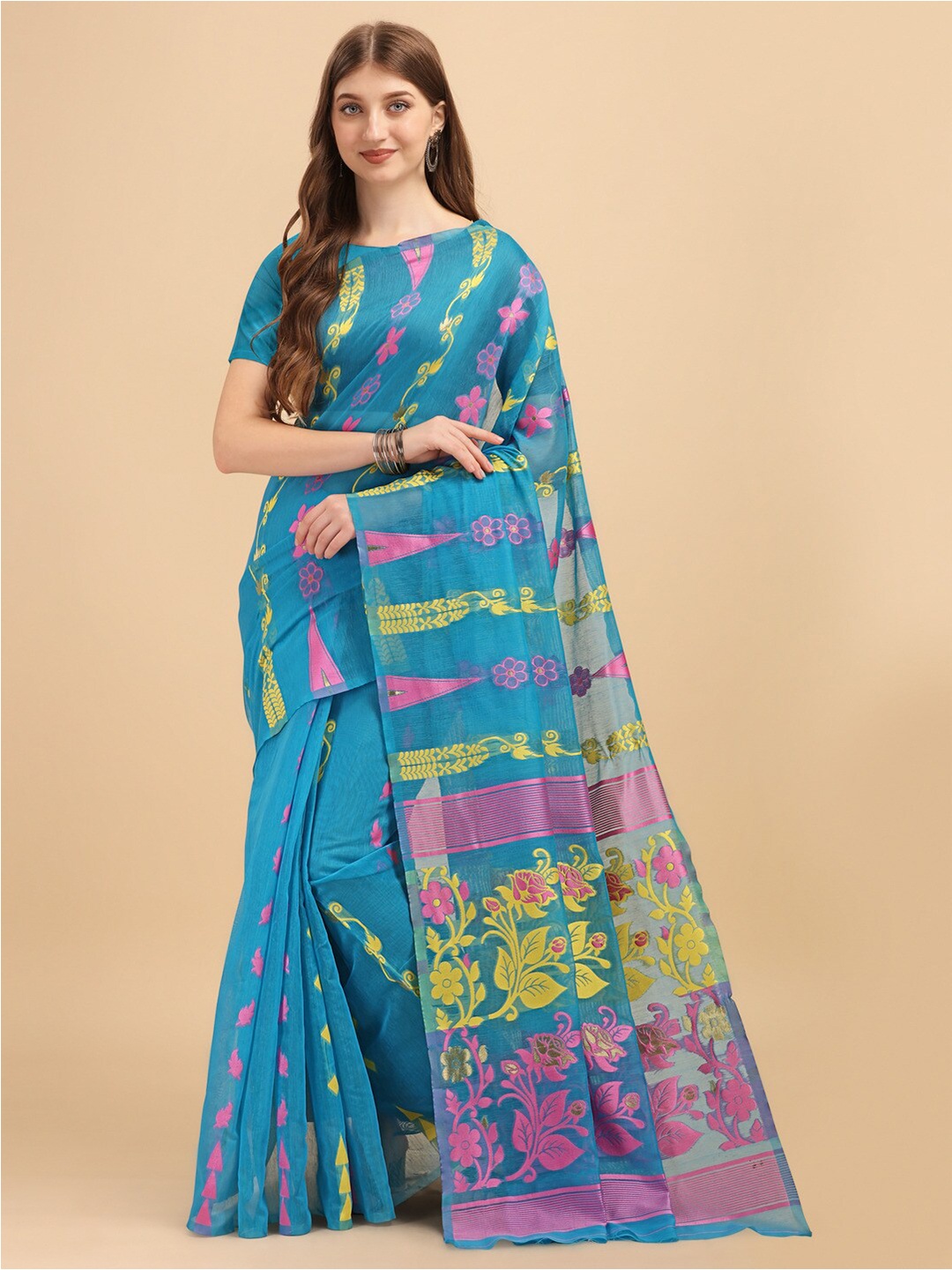 

Naishu Trendz Floral Woven Design Pure Silk Kanjeevaram Saree, Turquoise blue
