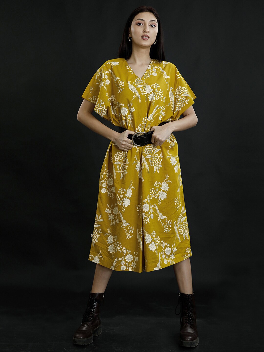 

FABNEST Floral Kaftan Midi Dress, Green