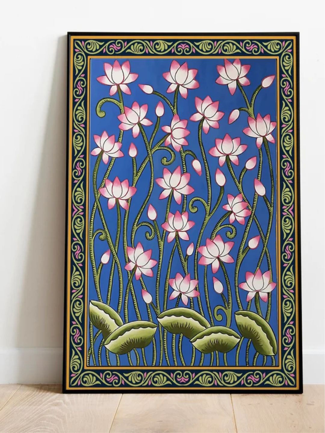 

INDIAN CLASSIC ART Pichwai Flower Framed Wall Painting, Blue
