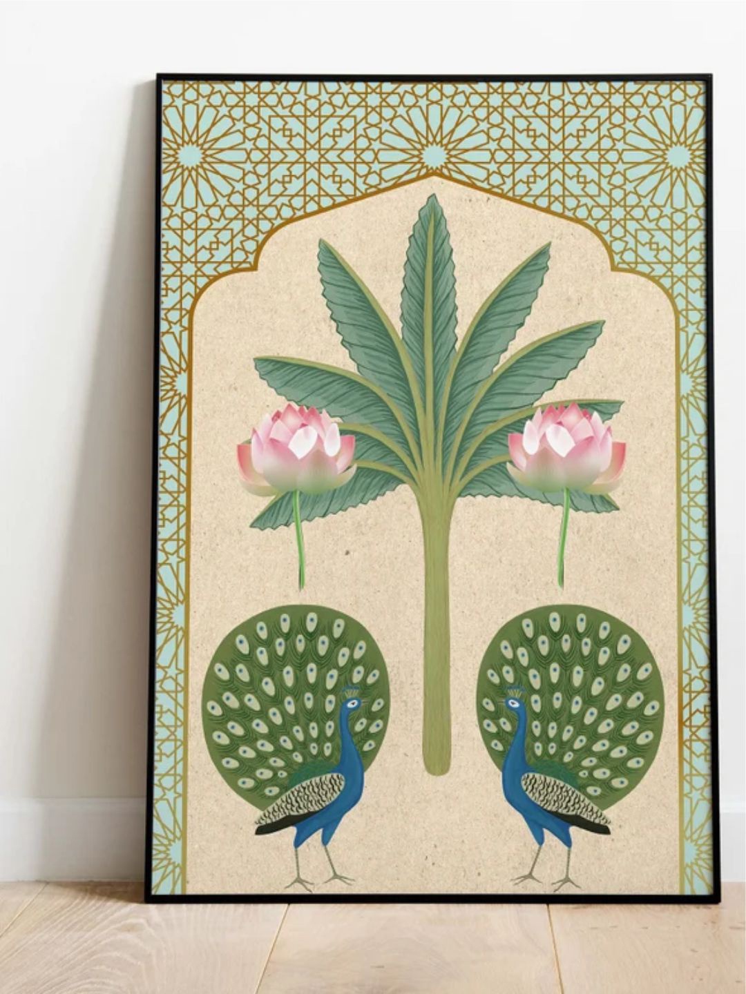 

INDIAN CLASSIC ART Green & Pink Peacock Indian Floral & Nature Framed Wall Painting