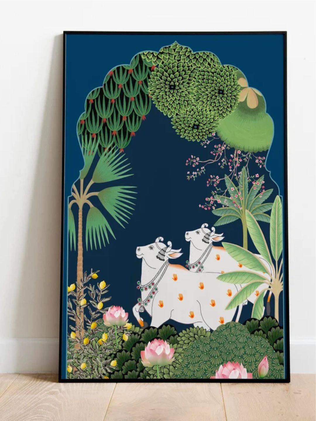 

INDIAN CLASSIC ART Pichwai Indian Folk Cow Print Framed Wall Painting, Green