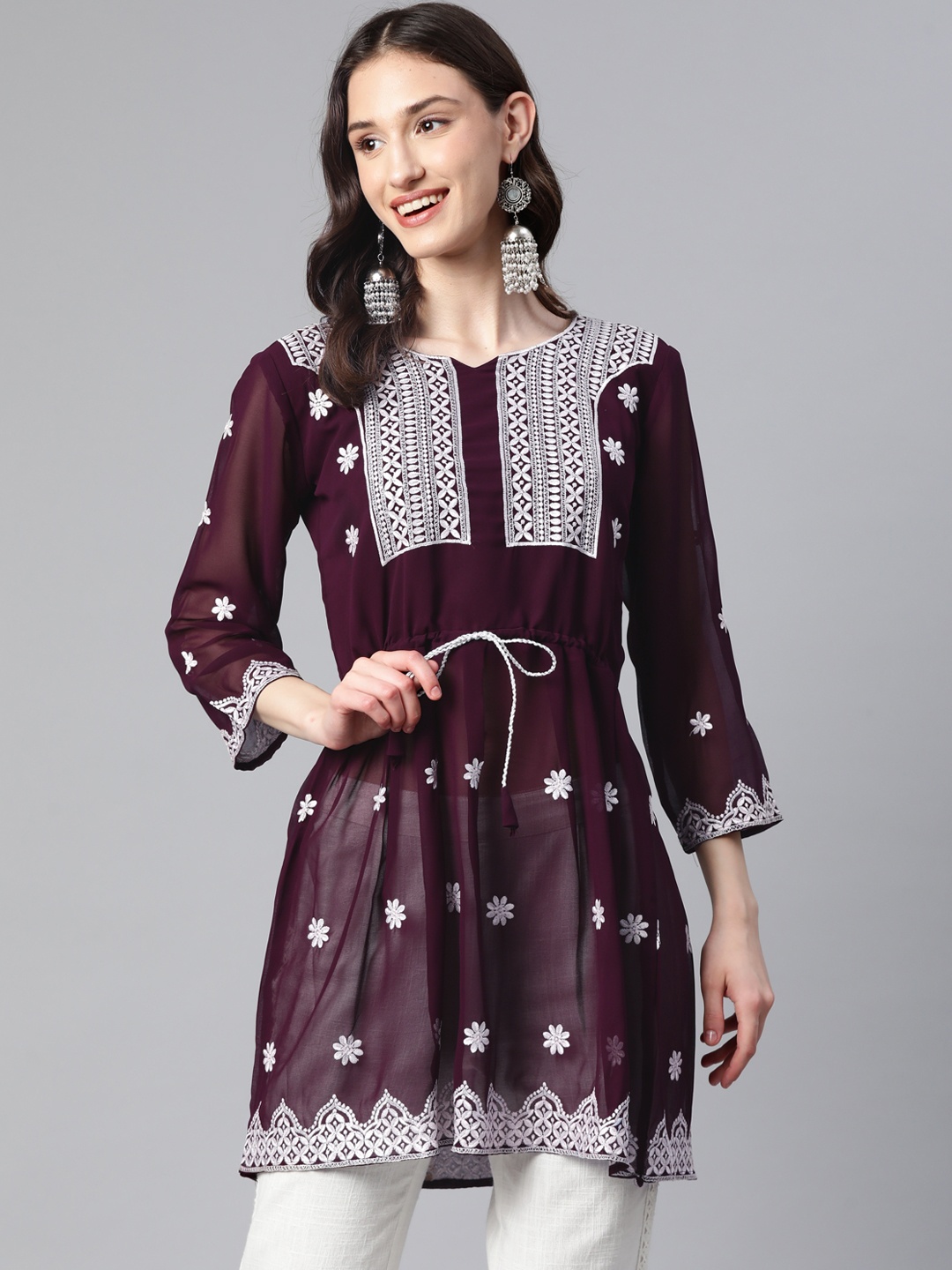 

WEAVETECH IMPEX Ethnic Motifs Embroidered Pure Georgette Pleated Kurti, Burgundy