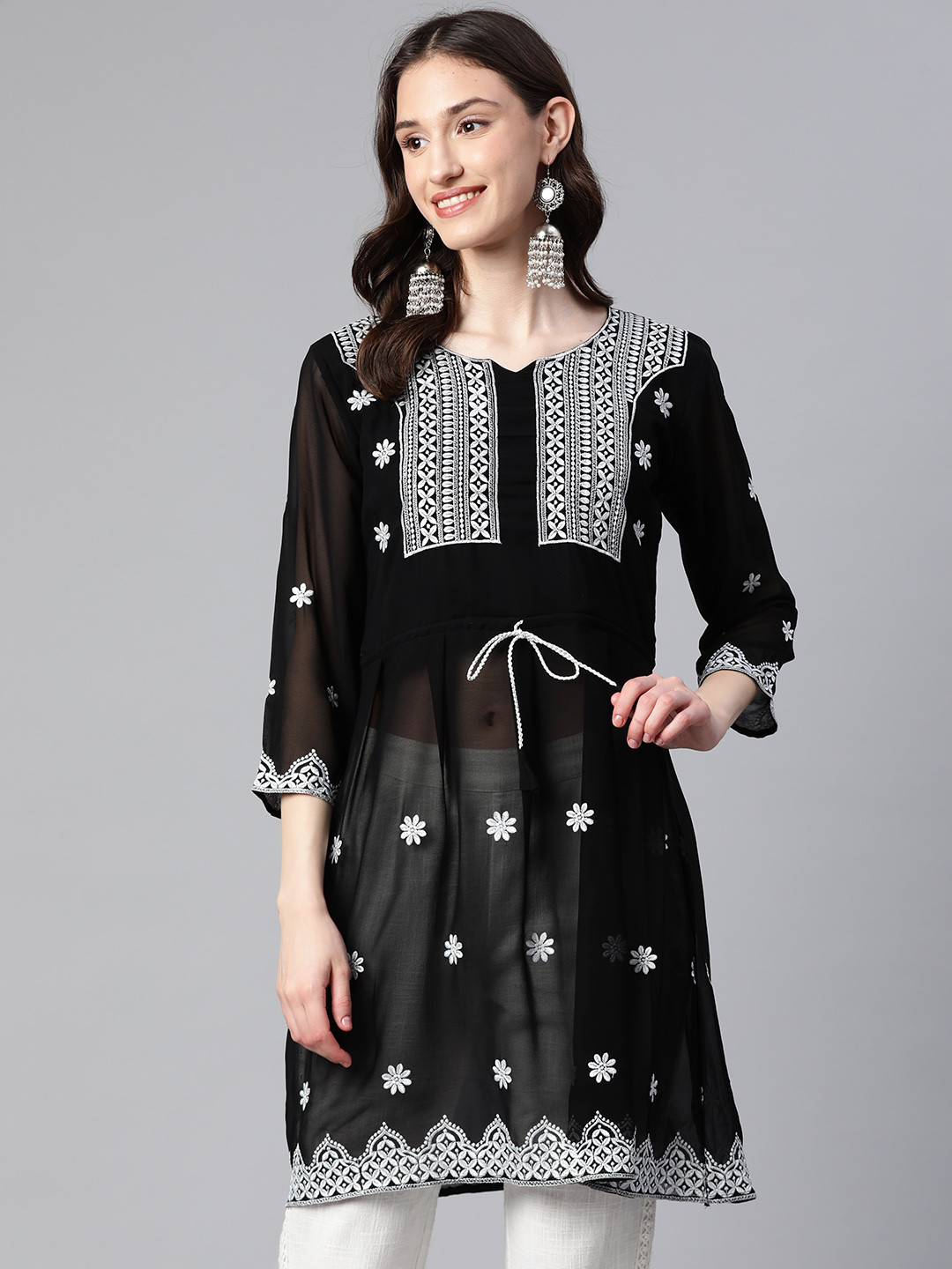 

WEAVETECH IMPEX Ethnic Motifs Embroidered Pure Georgette Pleated Kurti, Black