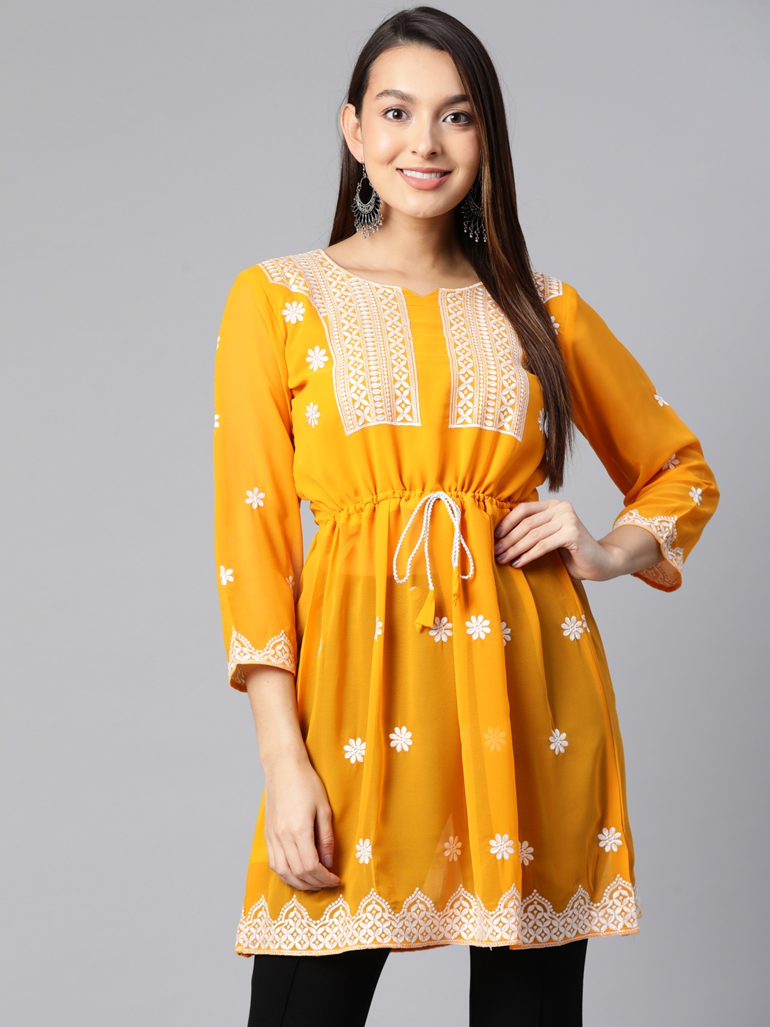 

WEAVETECH IMPEX Ethnic Motifs Embroidered Pure Georgette Pleated Kurti, Yellow