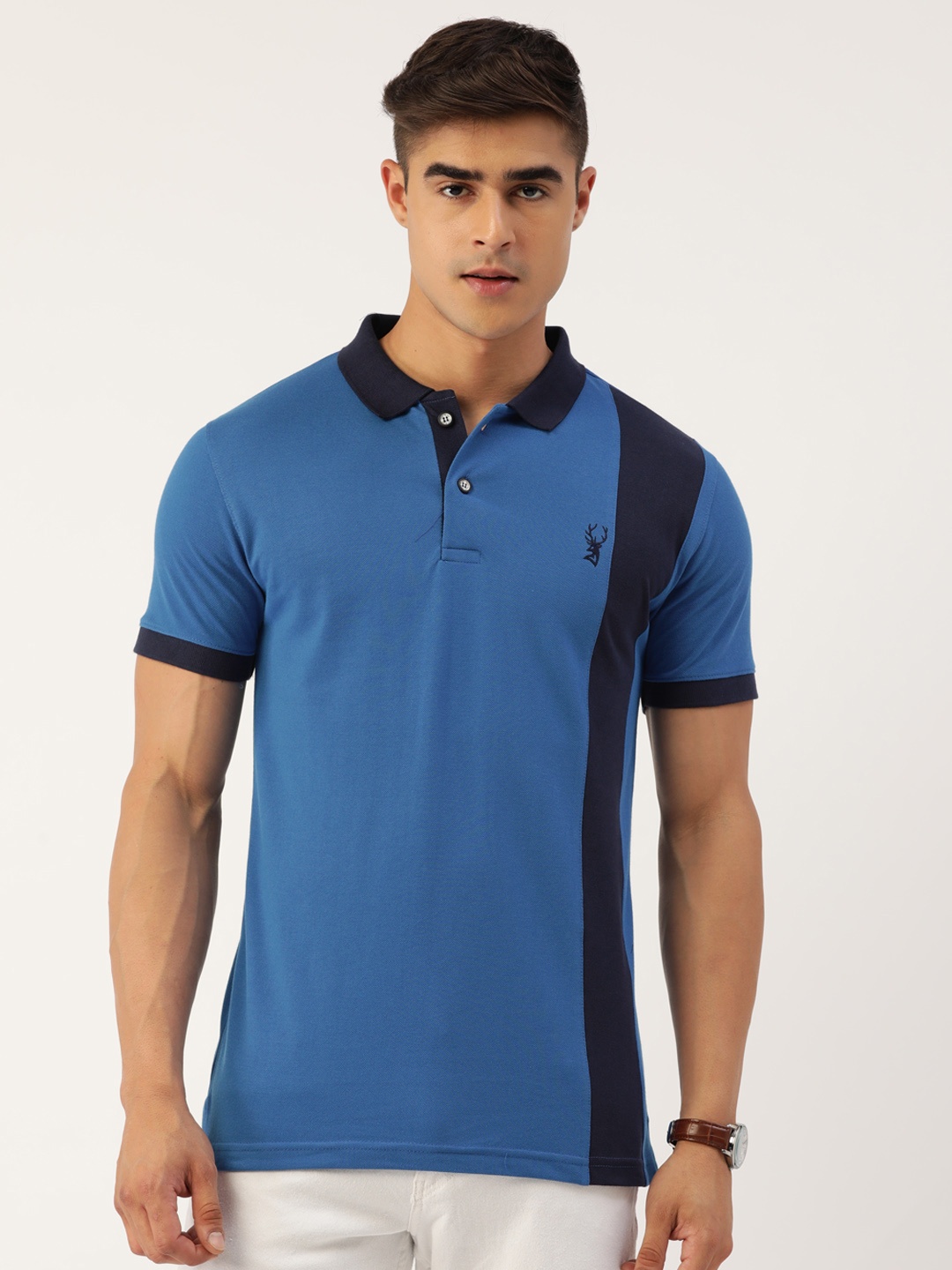 

PORTBLAIR Men Colourblocked Polo Collar Slim Fit T-shirt, Blue