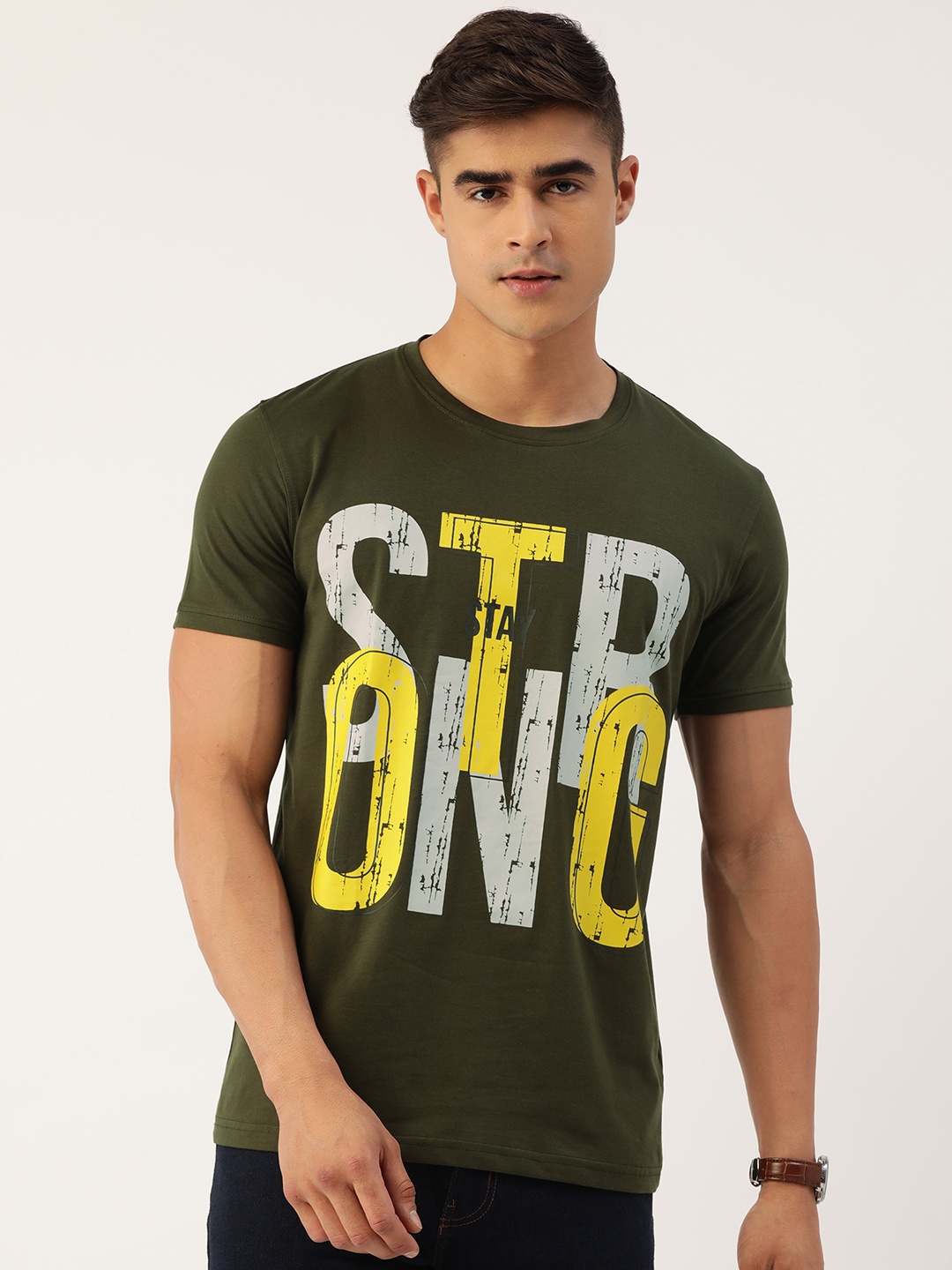 

PORTBLAIR Men Typography Printed Slim Fit T-shirt, Olive