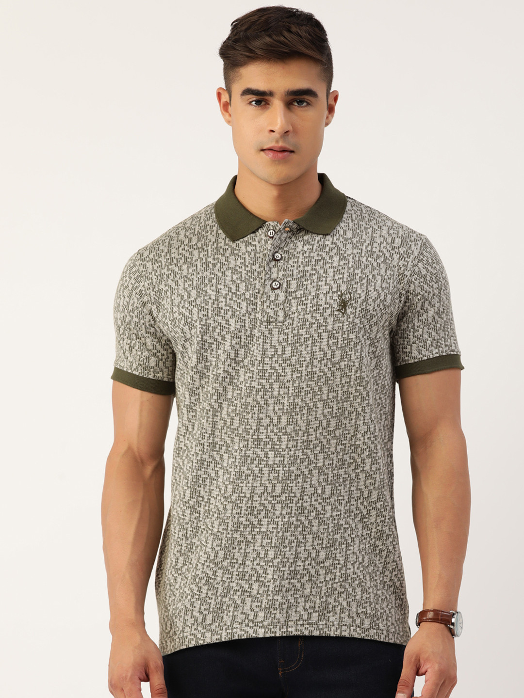 

PORTBLAIR Men Printed Polo Collar Cotton Slim Fit T-shirt, Olive