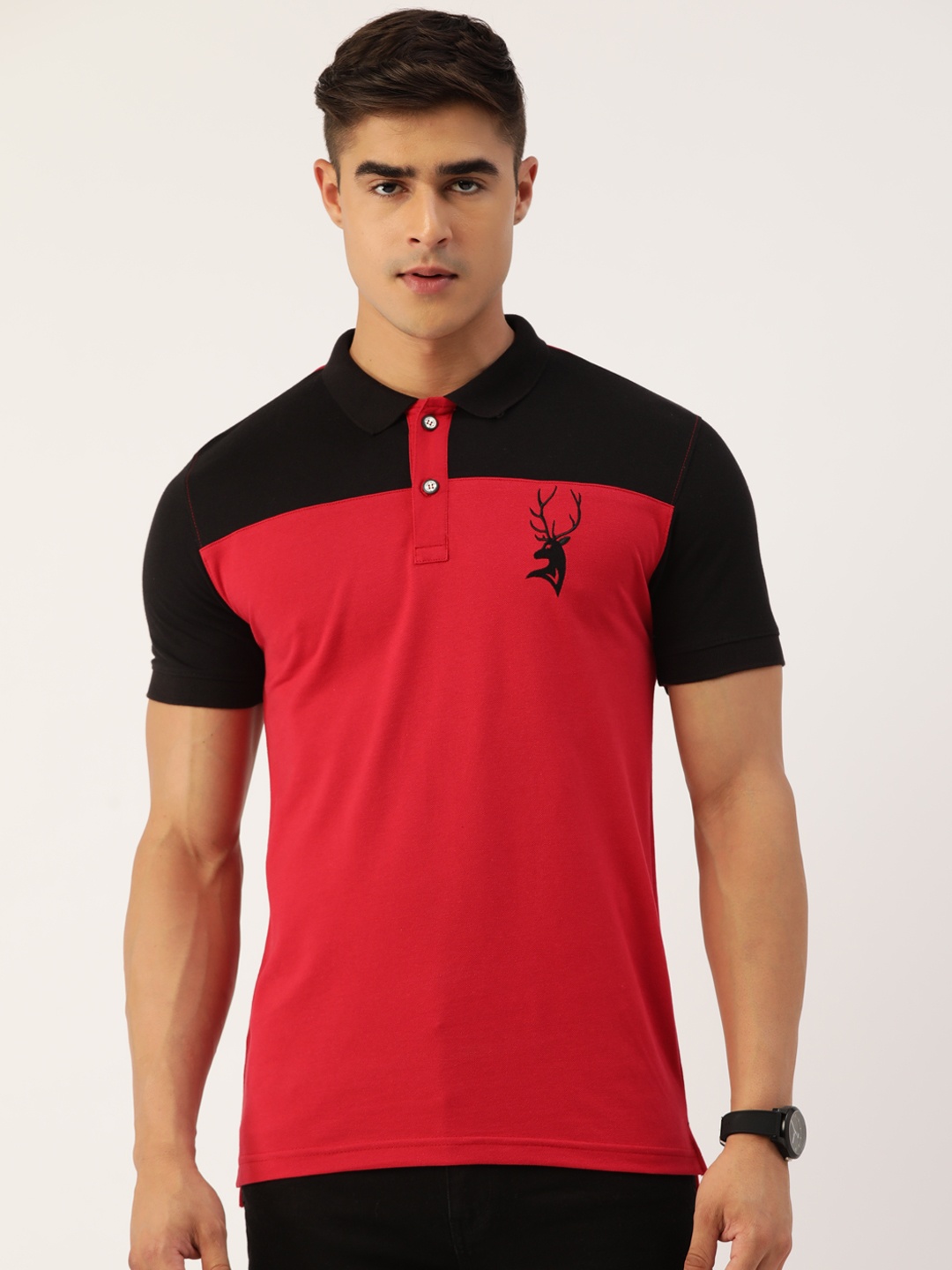 

PORTBLAIR Men Colourblocked Polo Collar Slim Fit T-shirt, Red