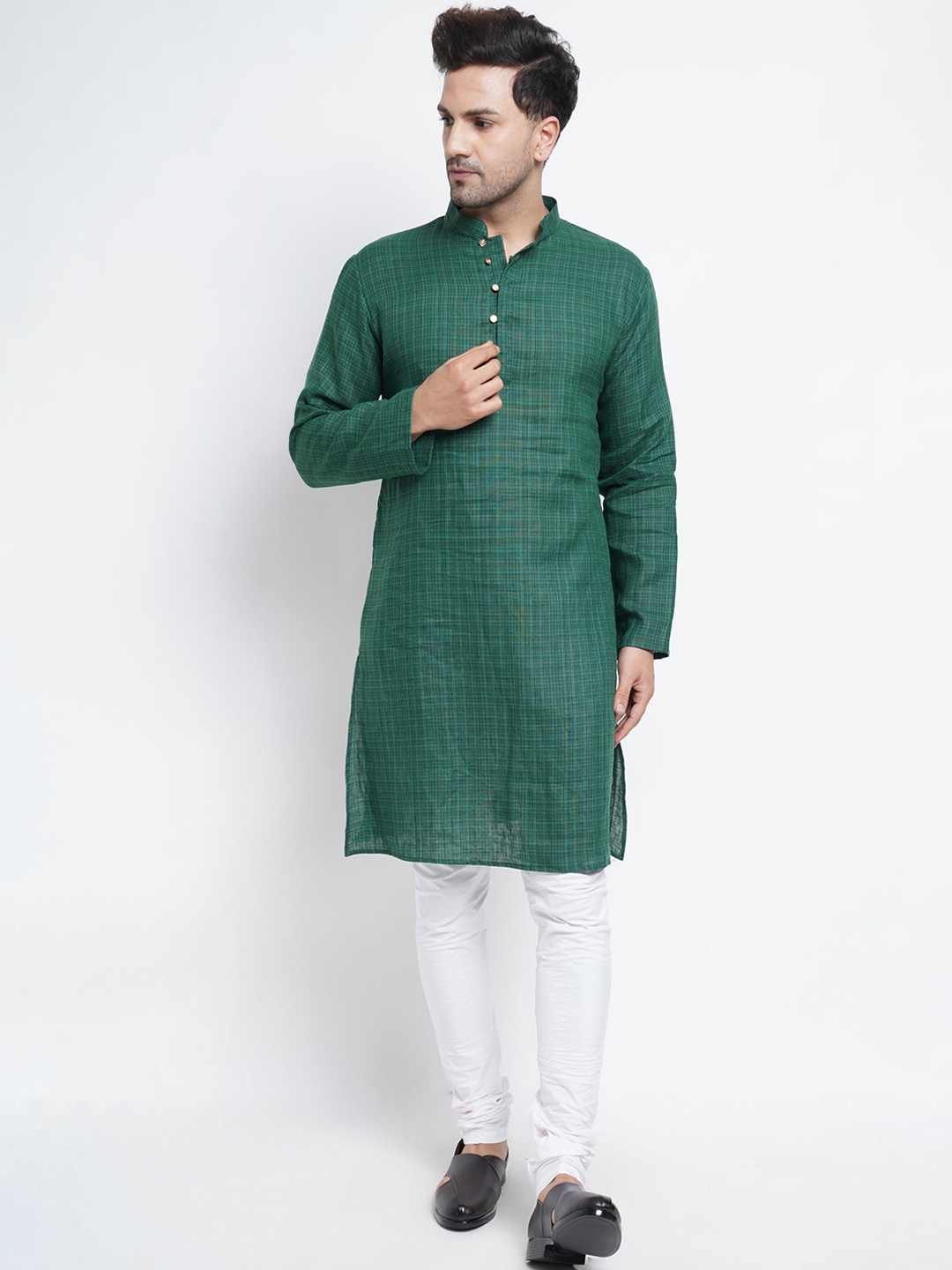 

Purple State Checked Mandarin Collar Linen Kurta, Green