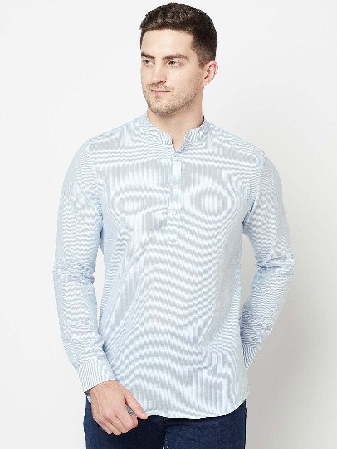 Purple State Striped Mandarin Collar Pure Cotton Kurta, White