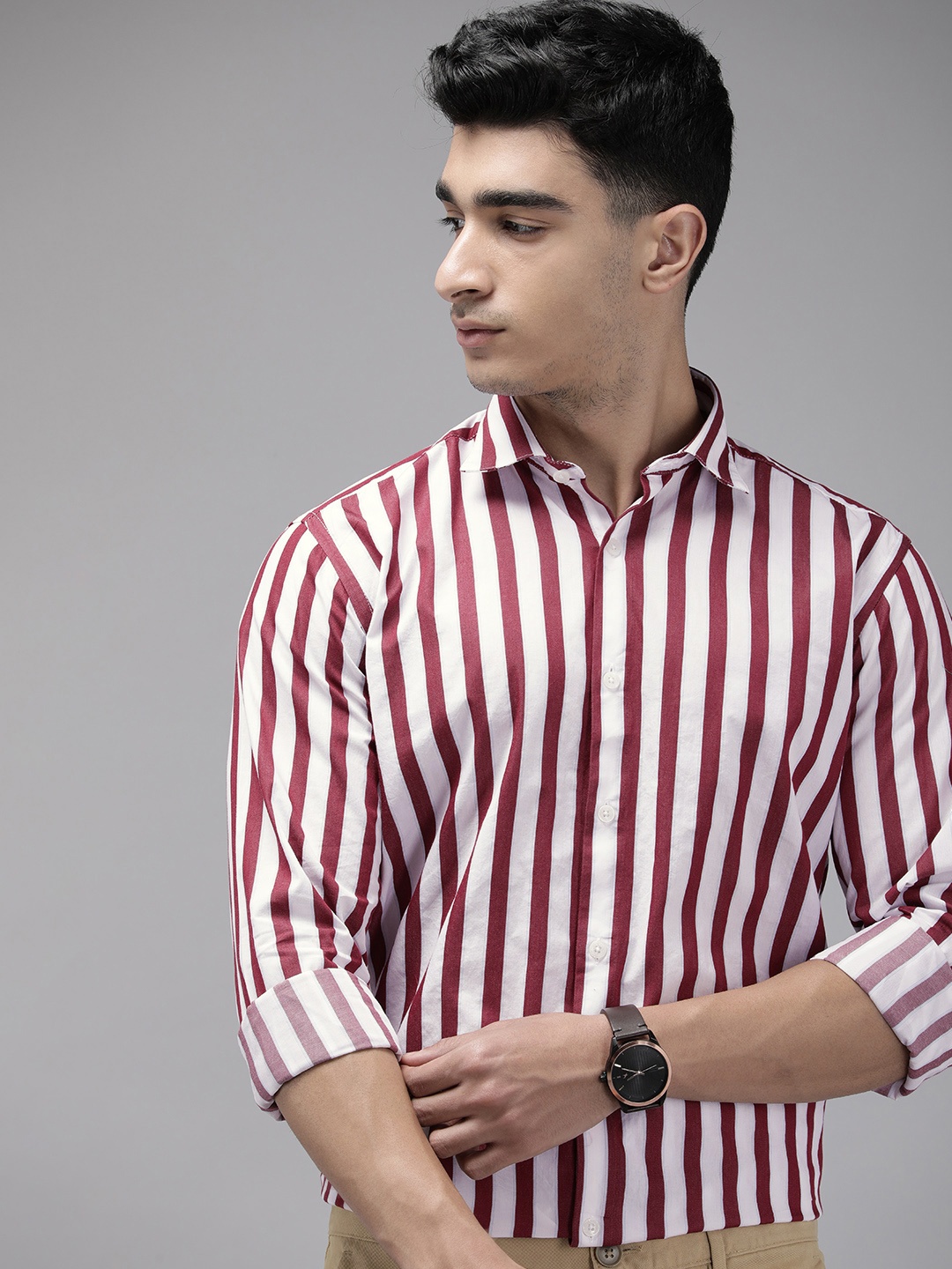 

Park Avenue Pure Cotton Slim Fit Striped Casual Shirt, Red
