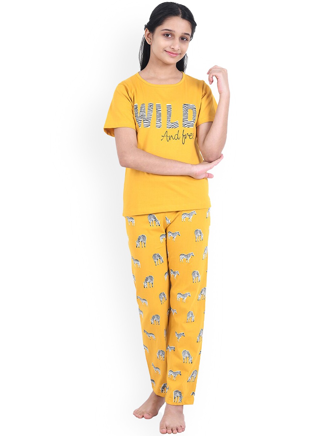 

FUNKRAFTS Girls Conversational Printed Pure Cotton Night Suit, Mustard
