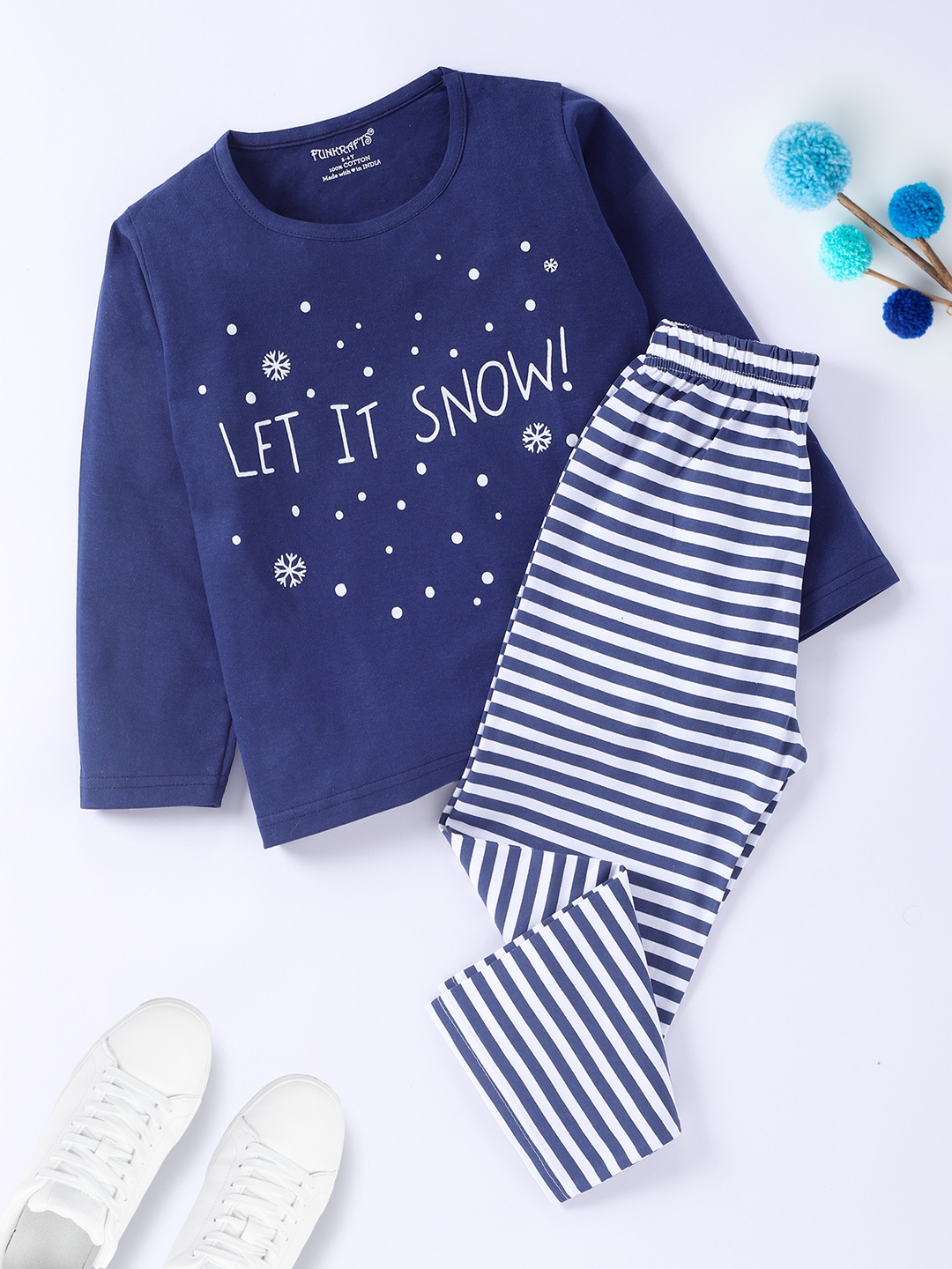 FUNKRAFTS Kids Typography Printed Pure Cotton Night Suit, Blue