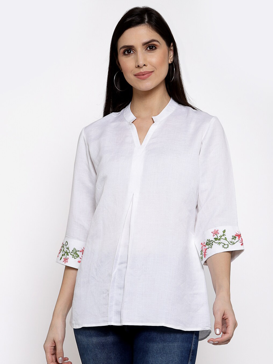 DART STUDIO Mandarin Collar Linen Regular Top, White