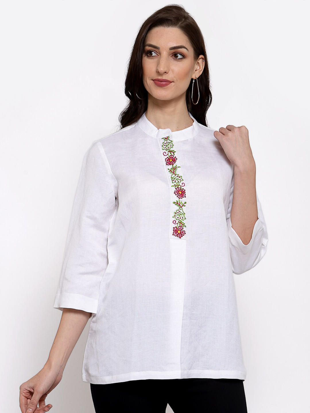 

DART STUDIO Mandarin Collar Linen Regular Top, White