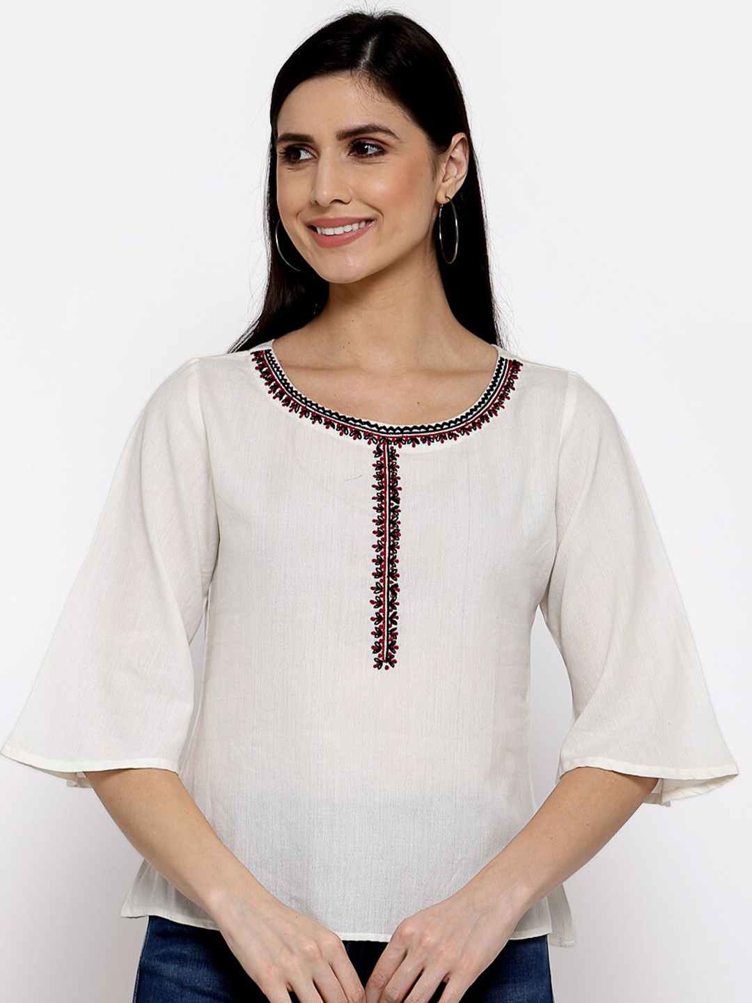 

DART STUDIO Round Neck Flare Sleeves Linen Regular Top, Off white