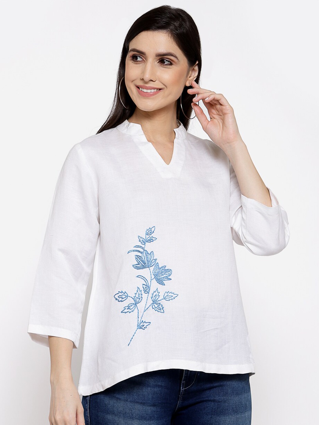 

DART STUDIO Mandarin Collar Linen Regular Top, White