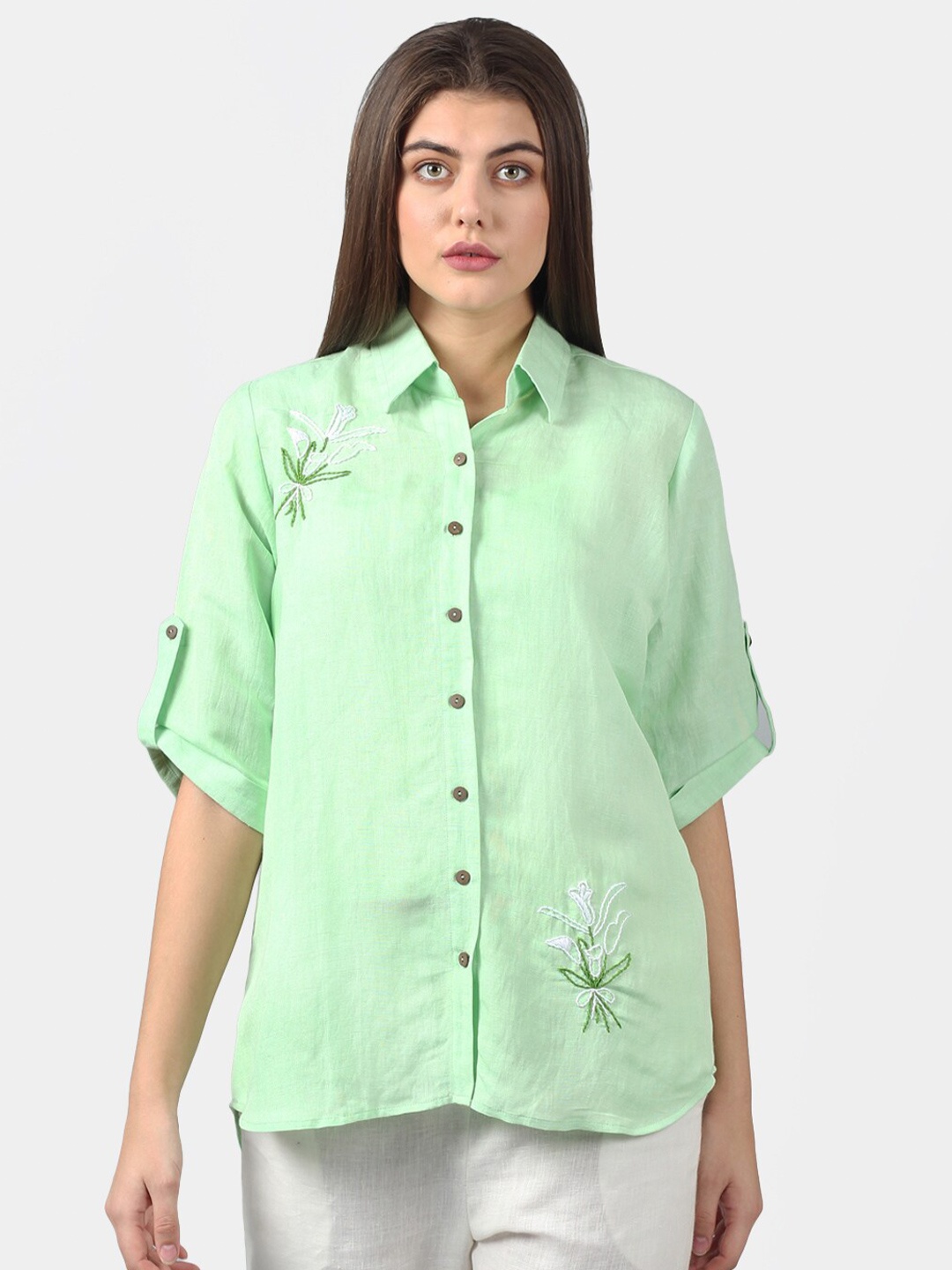 

DART STUDIO Roll-up Sleeves Linen Shirt Style Top, Green