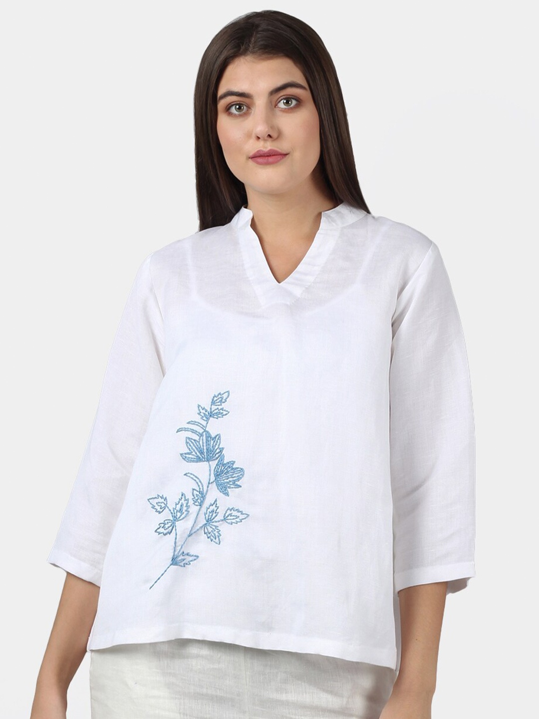 

DART STUDIO Mandarin Collar Linen Regular Top, Blue