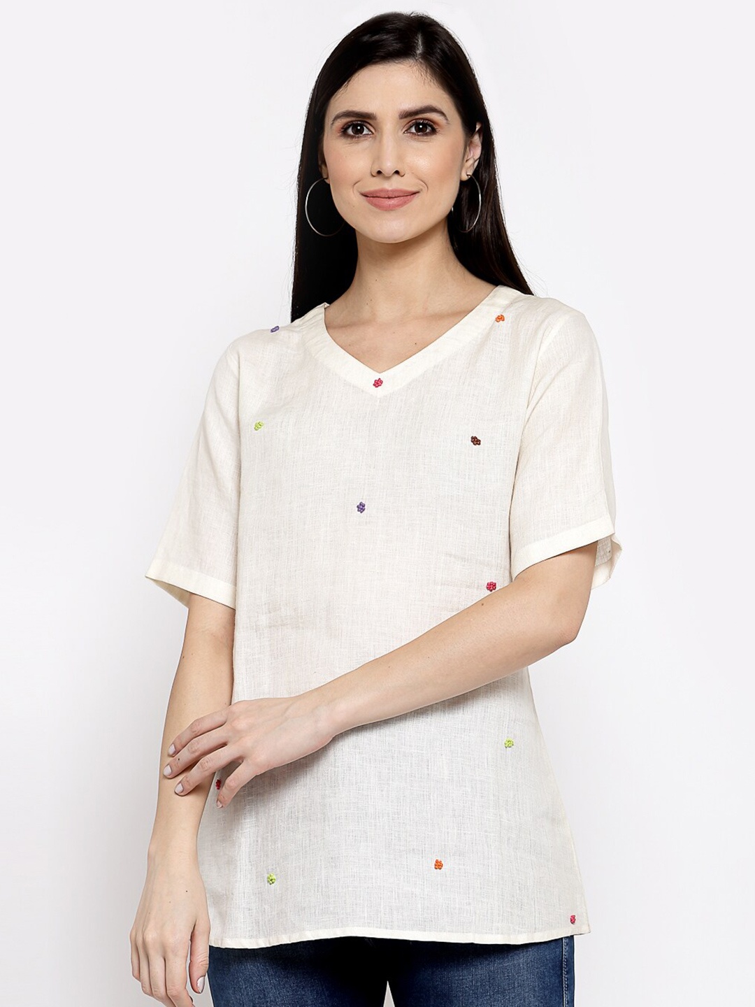 

DART STUDIO V-Neck Short Sleeves Linen Regular Top, Off white