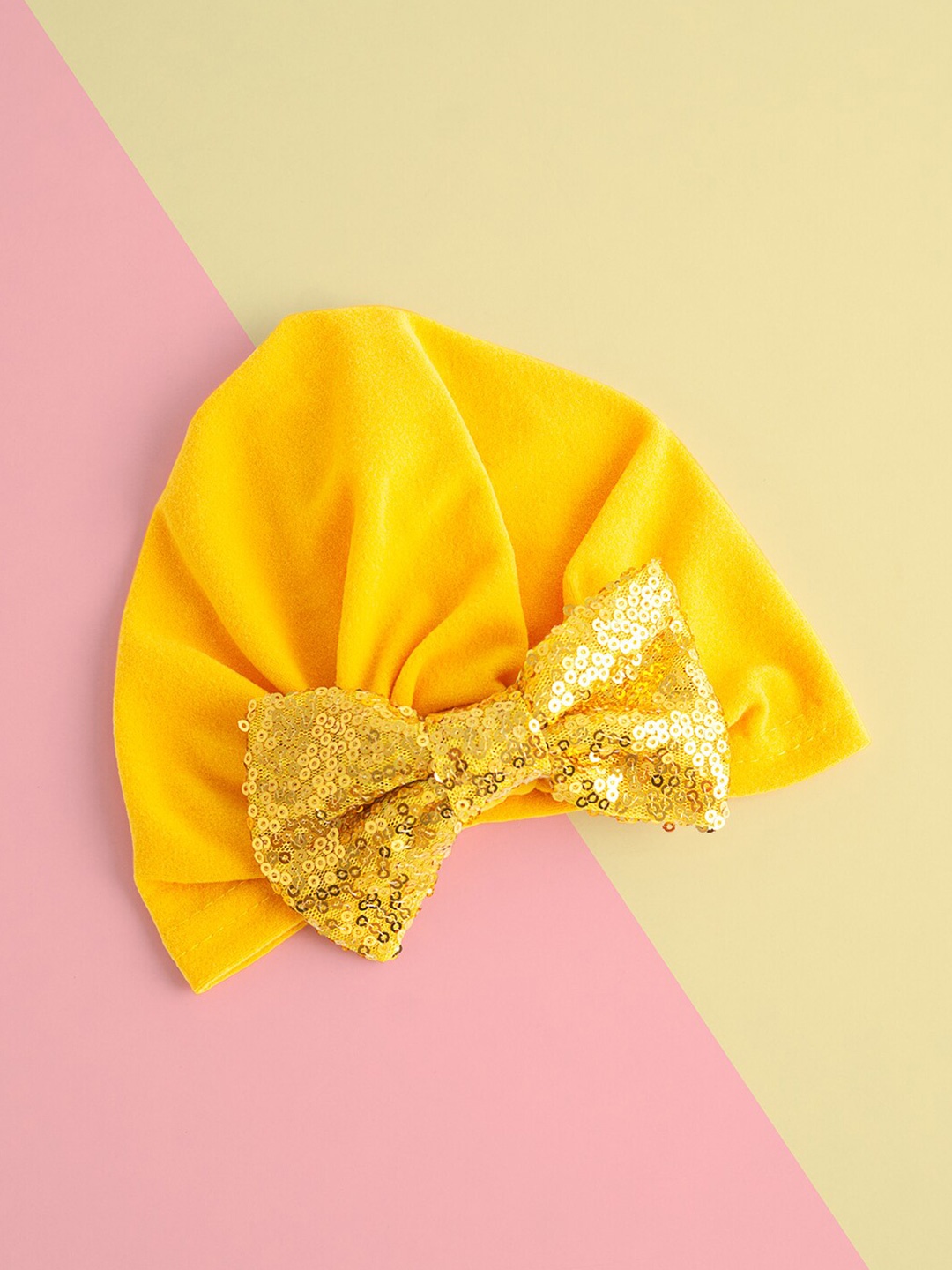 

Golden Peacock Girls Embroidered Cotton Turban Cap, Yellow