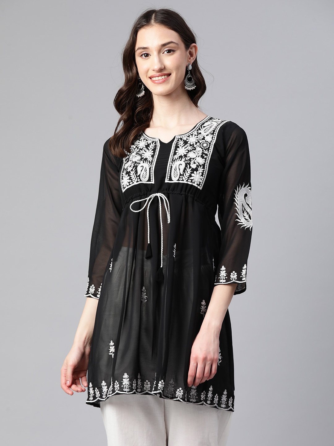

WEAVETECH IMPEX Ethnic Motifs Embroidered Pleated Georgette Kurti, Black