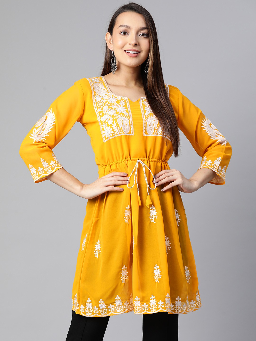 

WEAVETECH IMPEX Ethnic Motifs Embroidered Pure Georgette Pleated Kurti, Yellow
