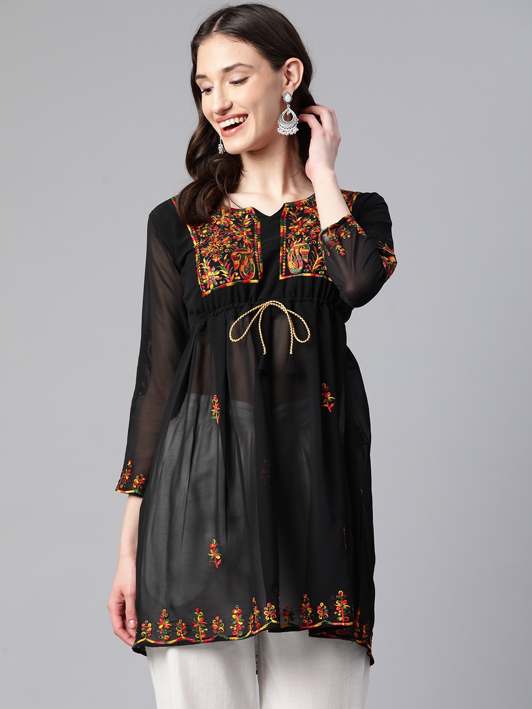 

WEAVETECH IMPEX Floral Embroidered Pure Georgette Pleated Kurti, Black