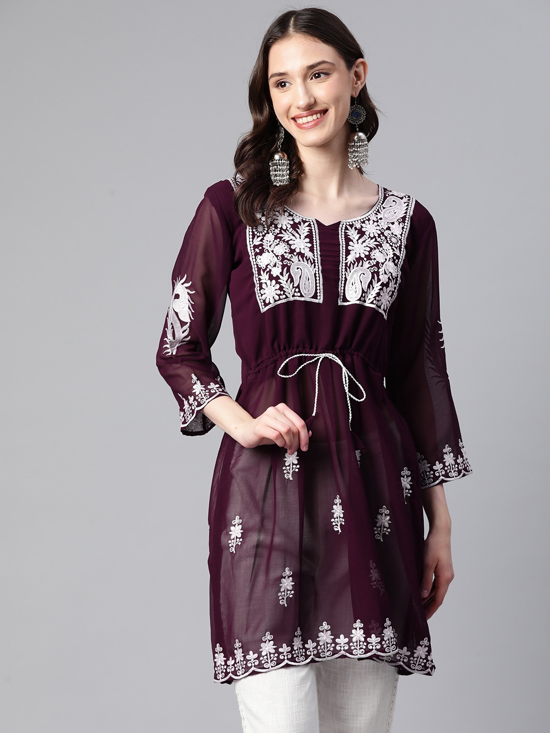 

WEAVETECH IMPEX Ethnic Motifs Embroidered Pure Georgette Pleated Kurti, Burgundy