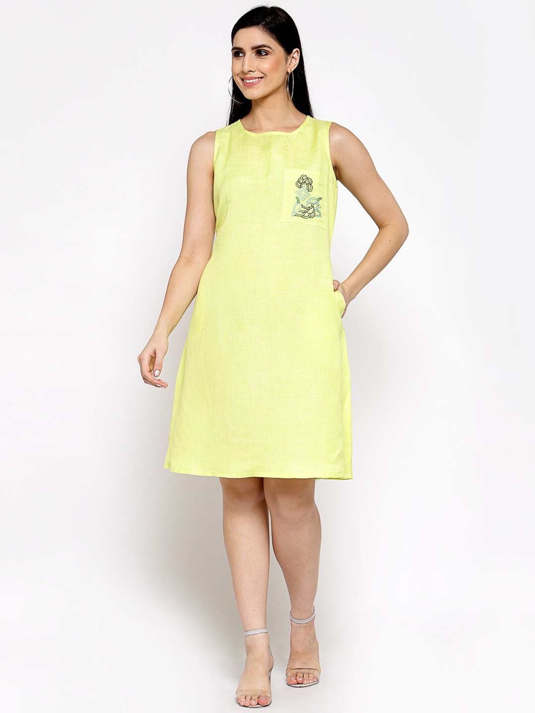 

DART STUDIO Round Neck A-Line Linen Dress, Yellow
