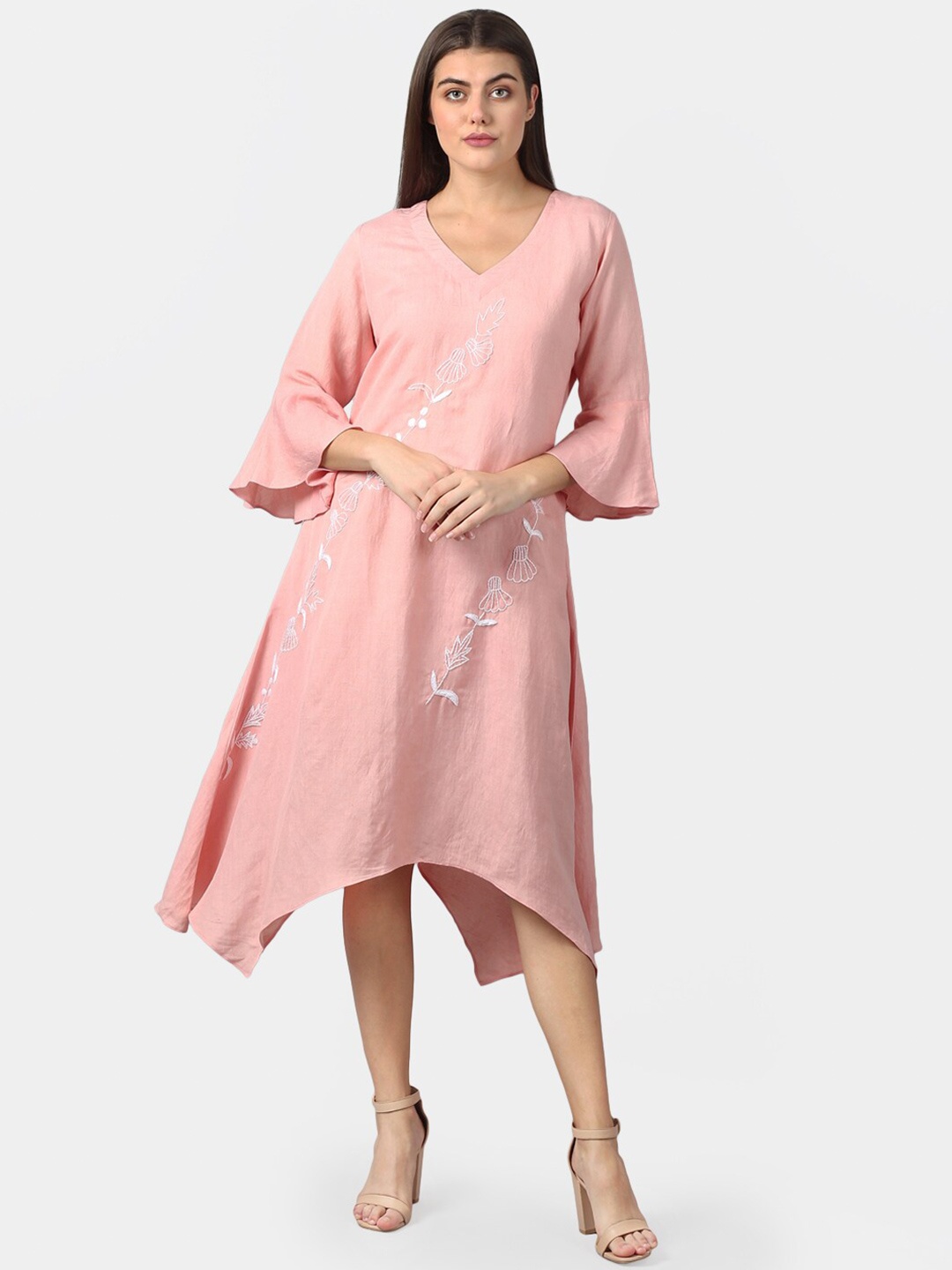 

DART STUDIO Embroidered Asymmetric Linen A-Line Dress, Peach