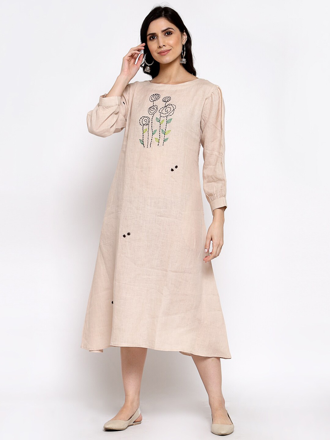 

DART STUDIO Embroidered Linen A-Line Dress, Beige