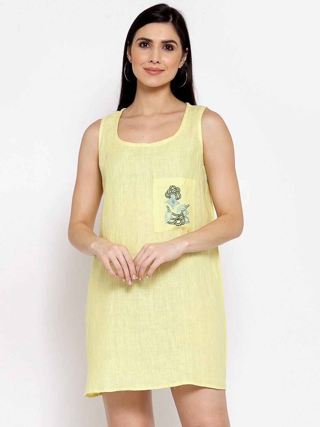 DART STUDIO Embroidered Sleeveless Linen A-Line Mini Dress, Yellow