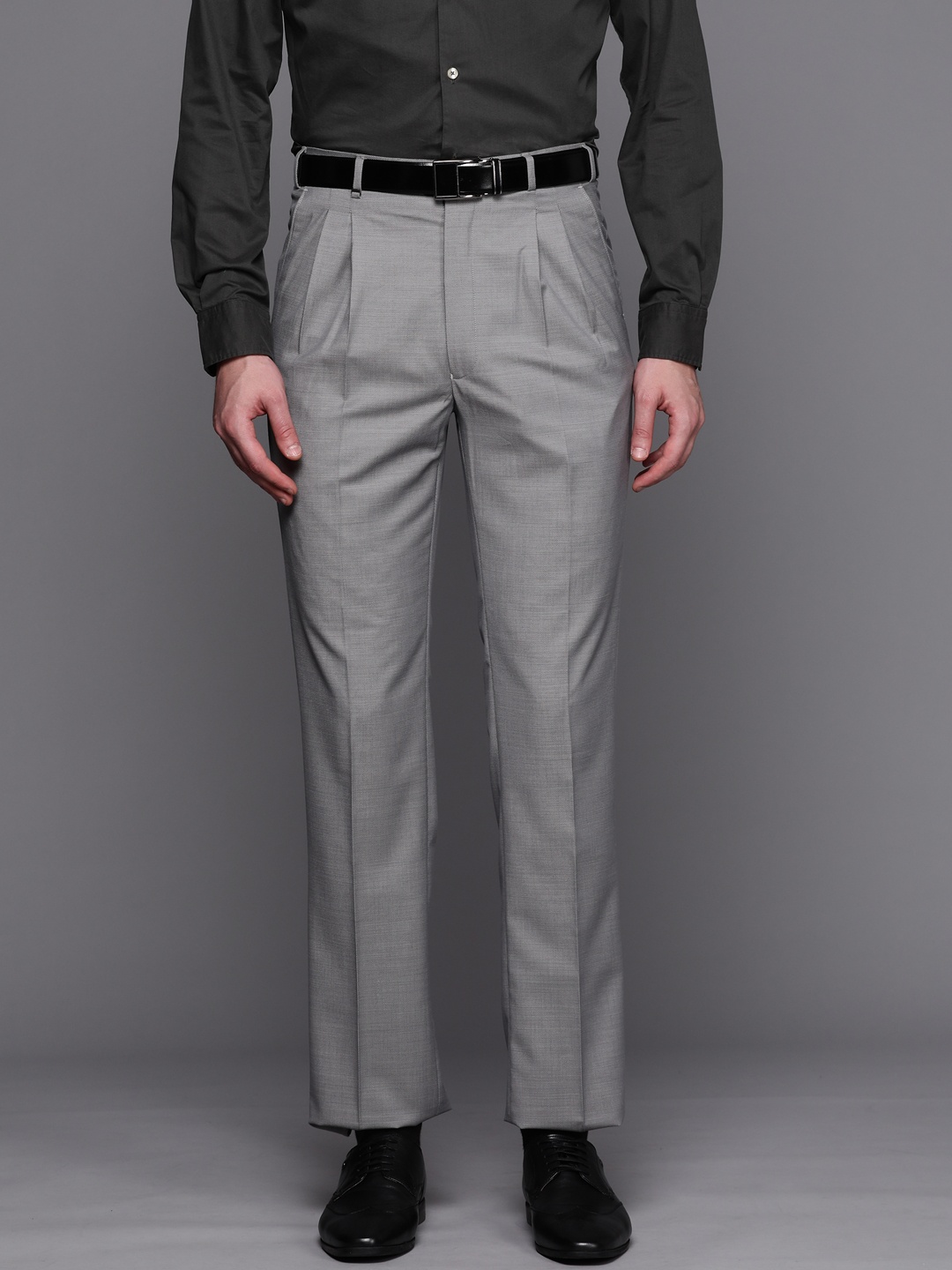 

Raymond Men Textured Classic High-Rise Pleated Trousers, Grey