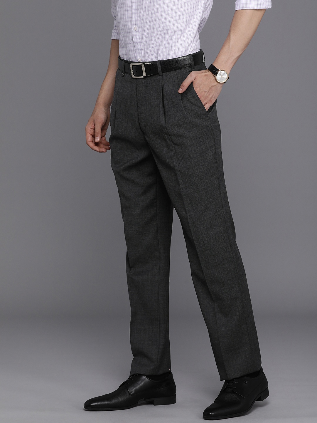 

Raymond Men Classic Fit Pleated Formal Trousers, Grey