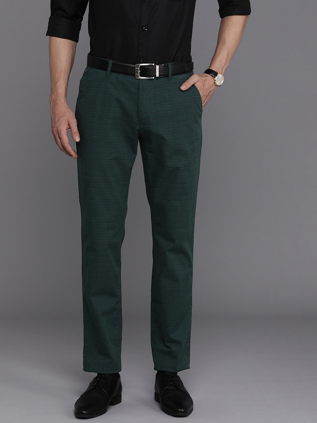 

Raymond Men Checked Slim Fit Chinos Trousers, Green