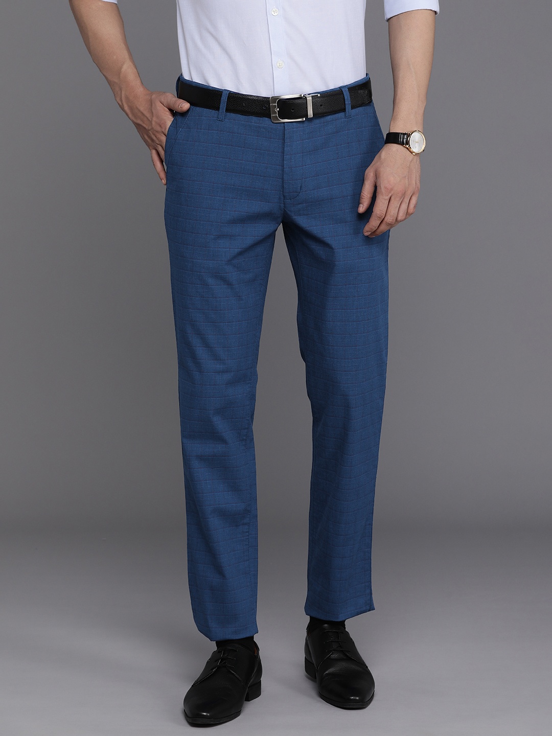 

Raymond Men Checked Slim Fit Chinos Trousers, Blue