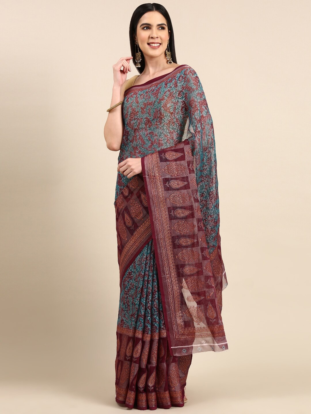 

Anouk Ethnic Motifs Printed Pure Chiffon Saree, Teal