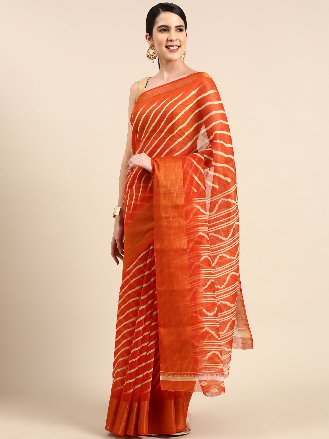 

Anouk Leheriya Cotton Blend Saree With Zari Border, Orange