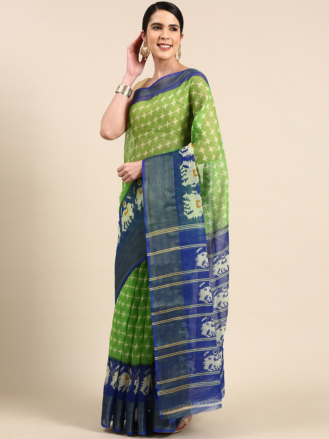 

Anouk Ethnic Motifs Ikat Saree, Fluorescent green