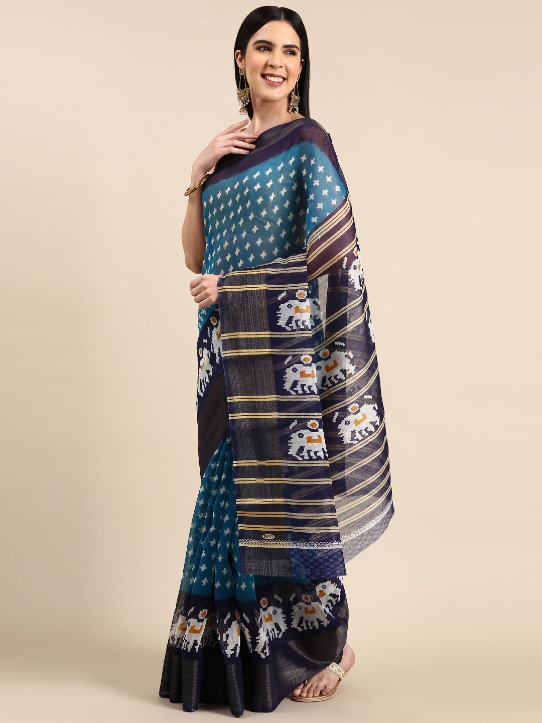 Anouk Ethnic Motifs Printed Ikat Saree, Turquoise blue