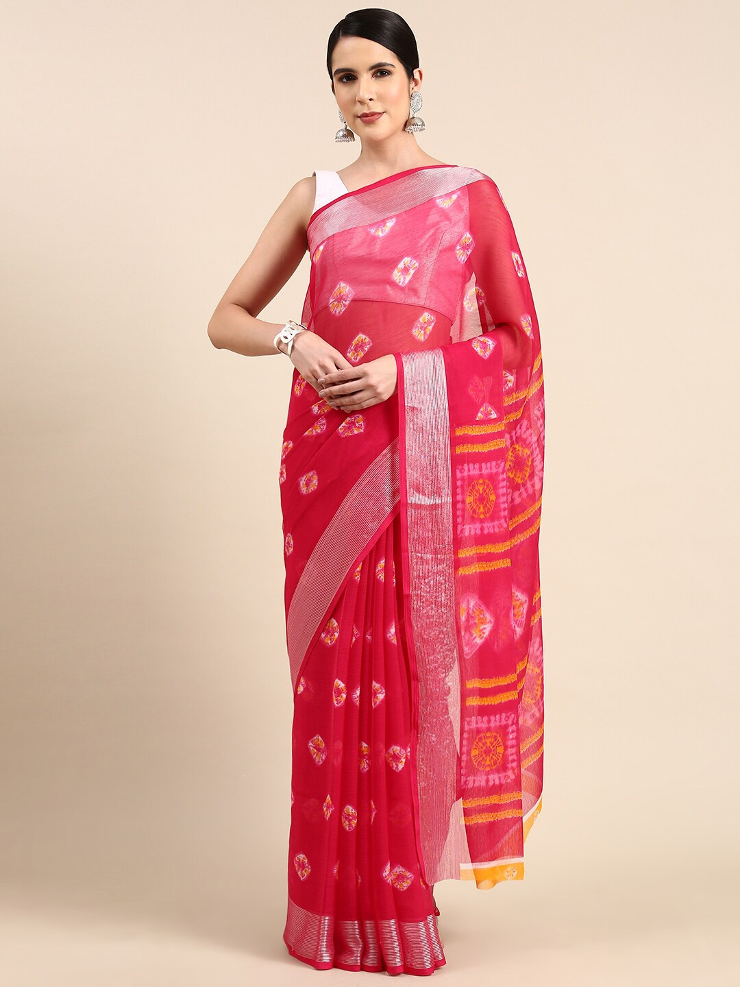

Anouk Tie And Dyed Zari Pure Chiffon Saree, Pink