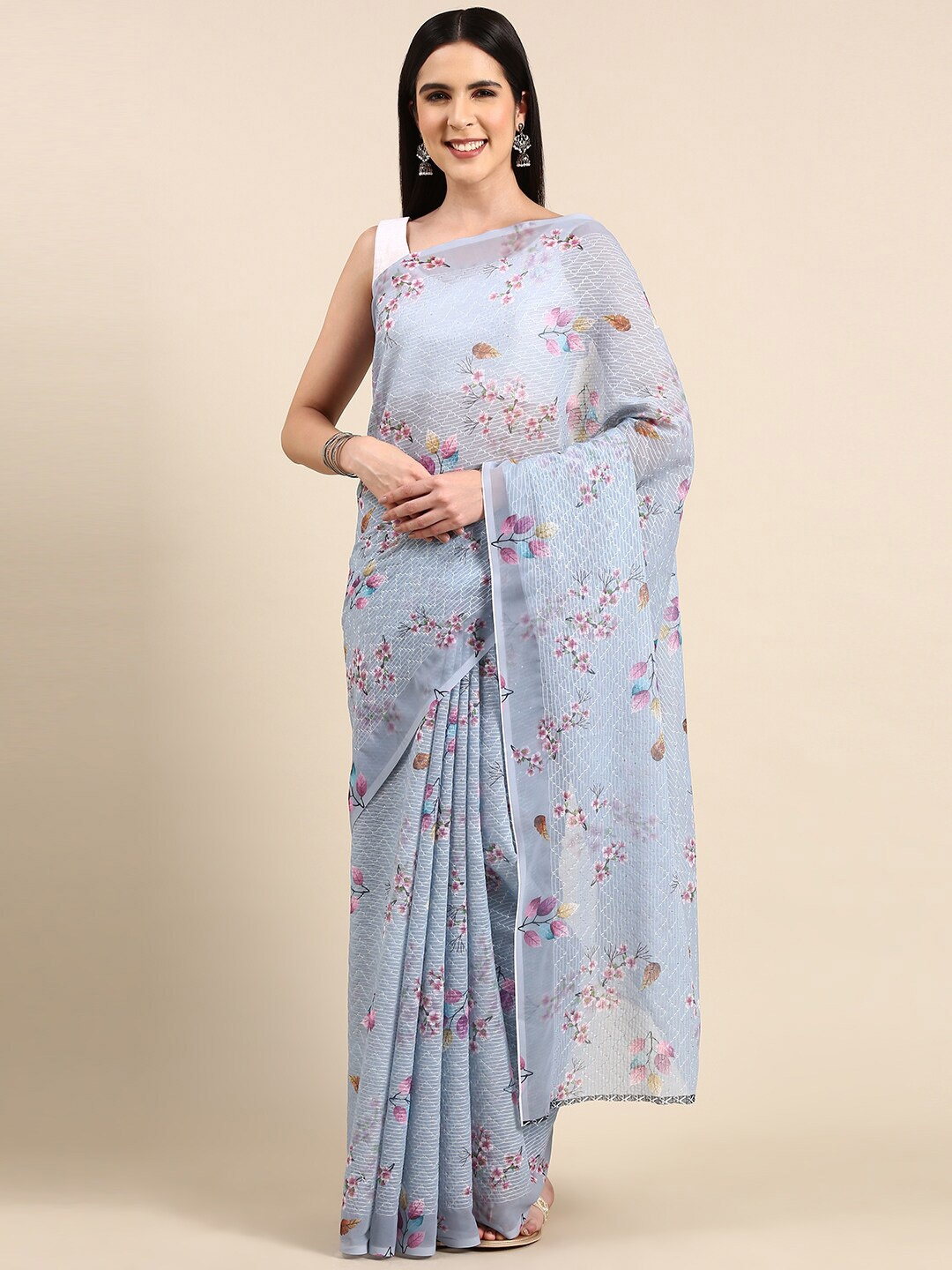 

Anouk Floral Printed Sequinned Pure Georgette Saree, Grey