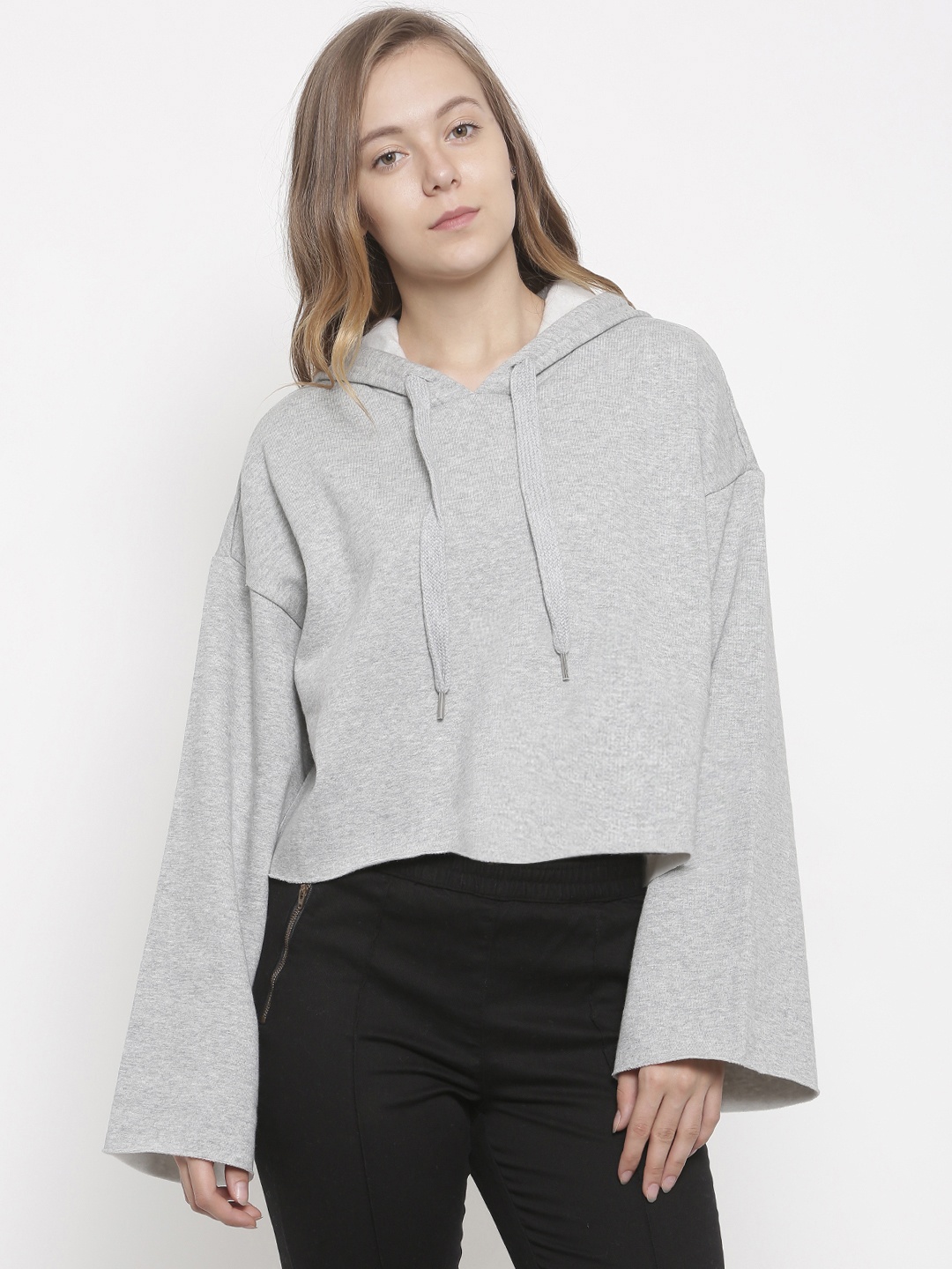 

FOREVER 21 Women Grey Solid Hooded Sweatshirt