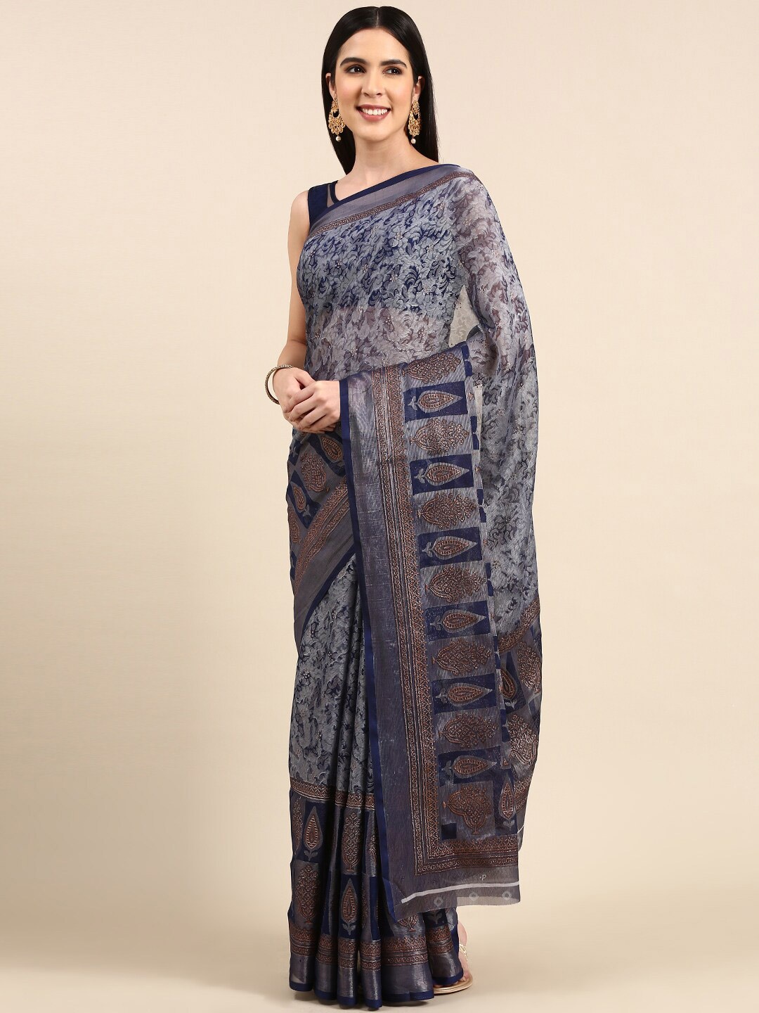 

Anouk Ethnic Motifs Printed Pure Chiffon Saree, Navy blue