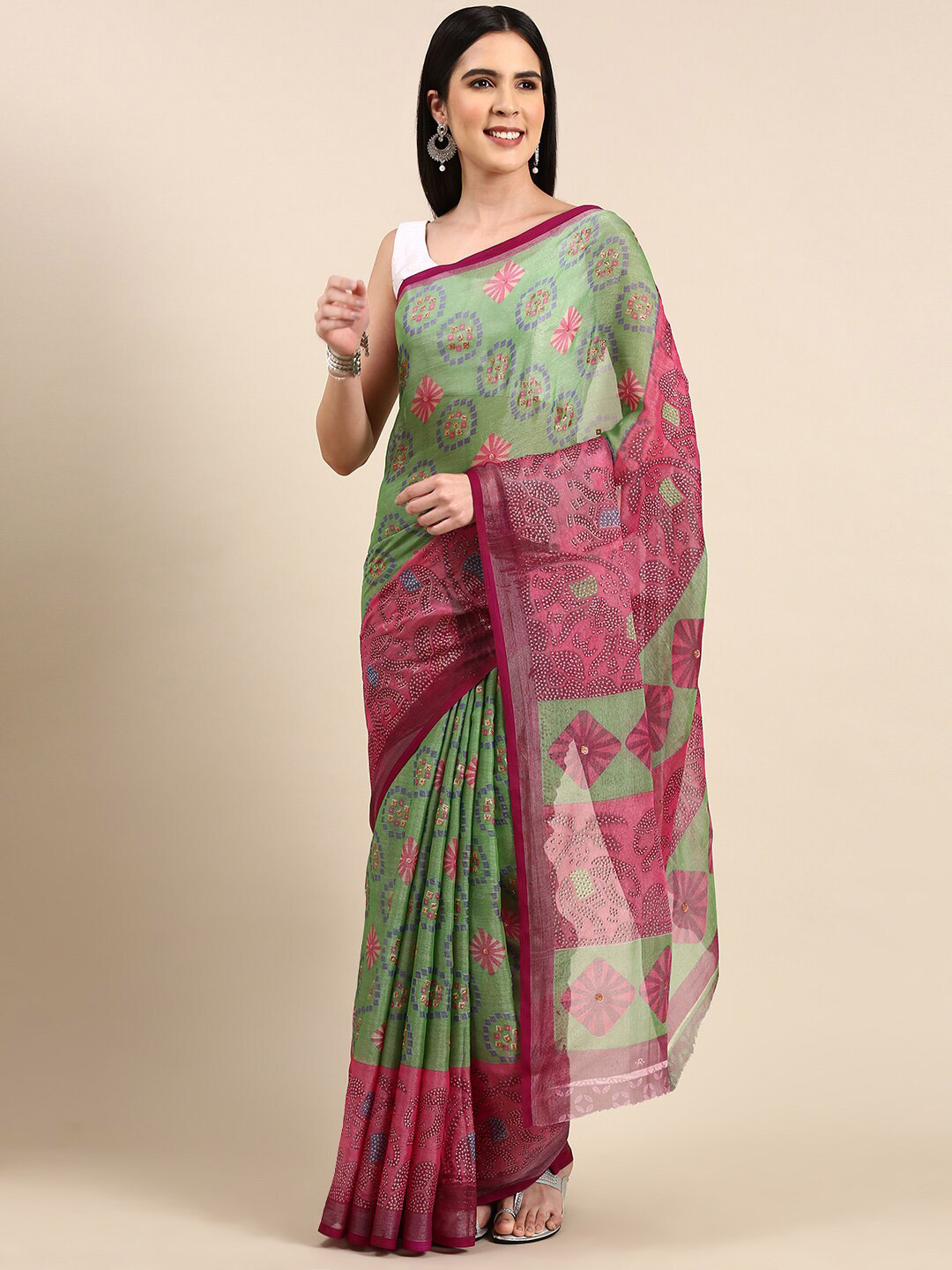 

Anouk Ethnic Motifs Printed Pure Chiffon Saree, Green