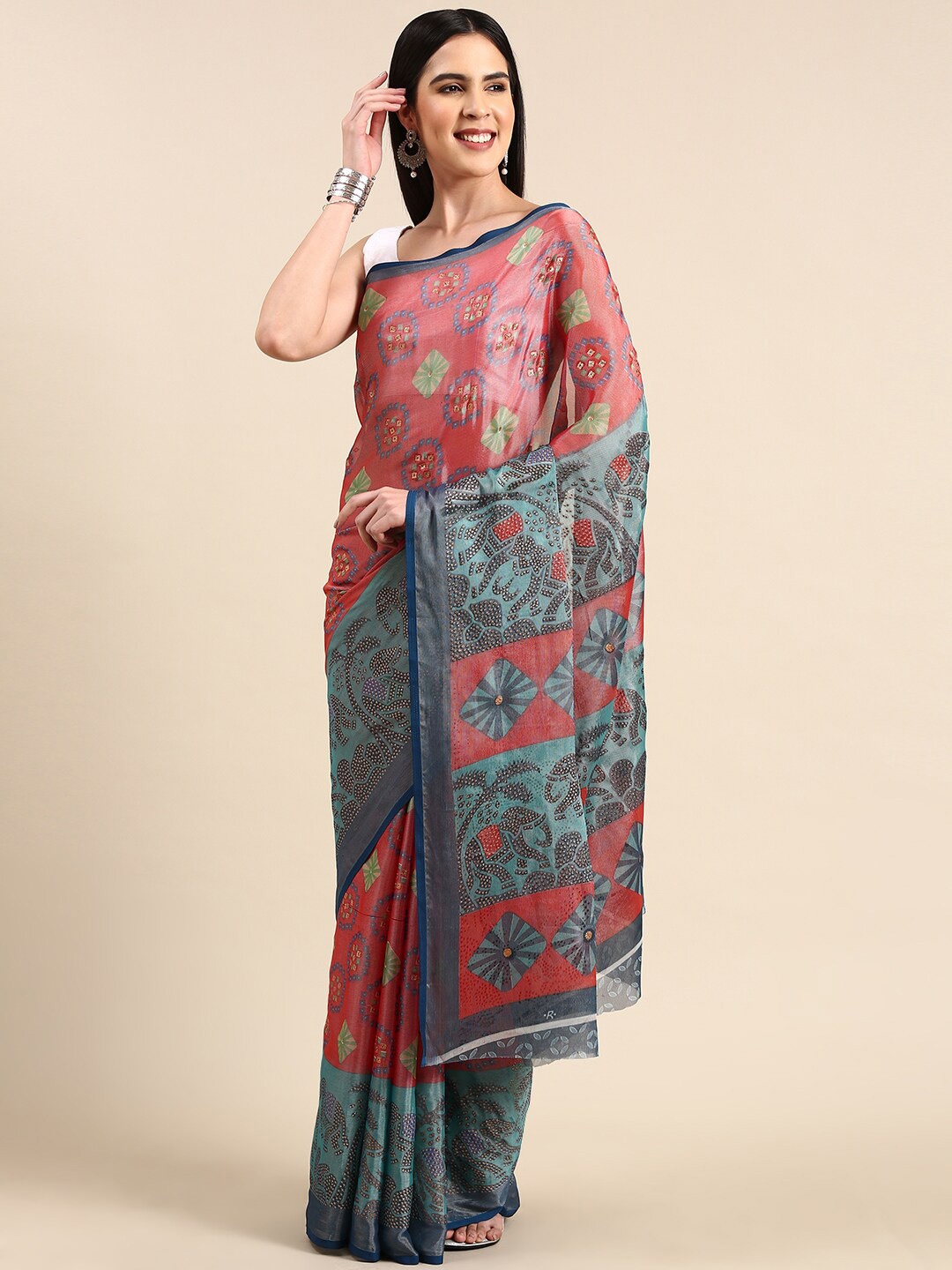 

Anouk Ethnic Motifs Printed Pure Chiffon Saree, Coral