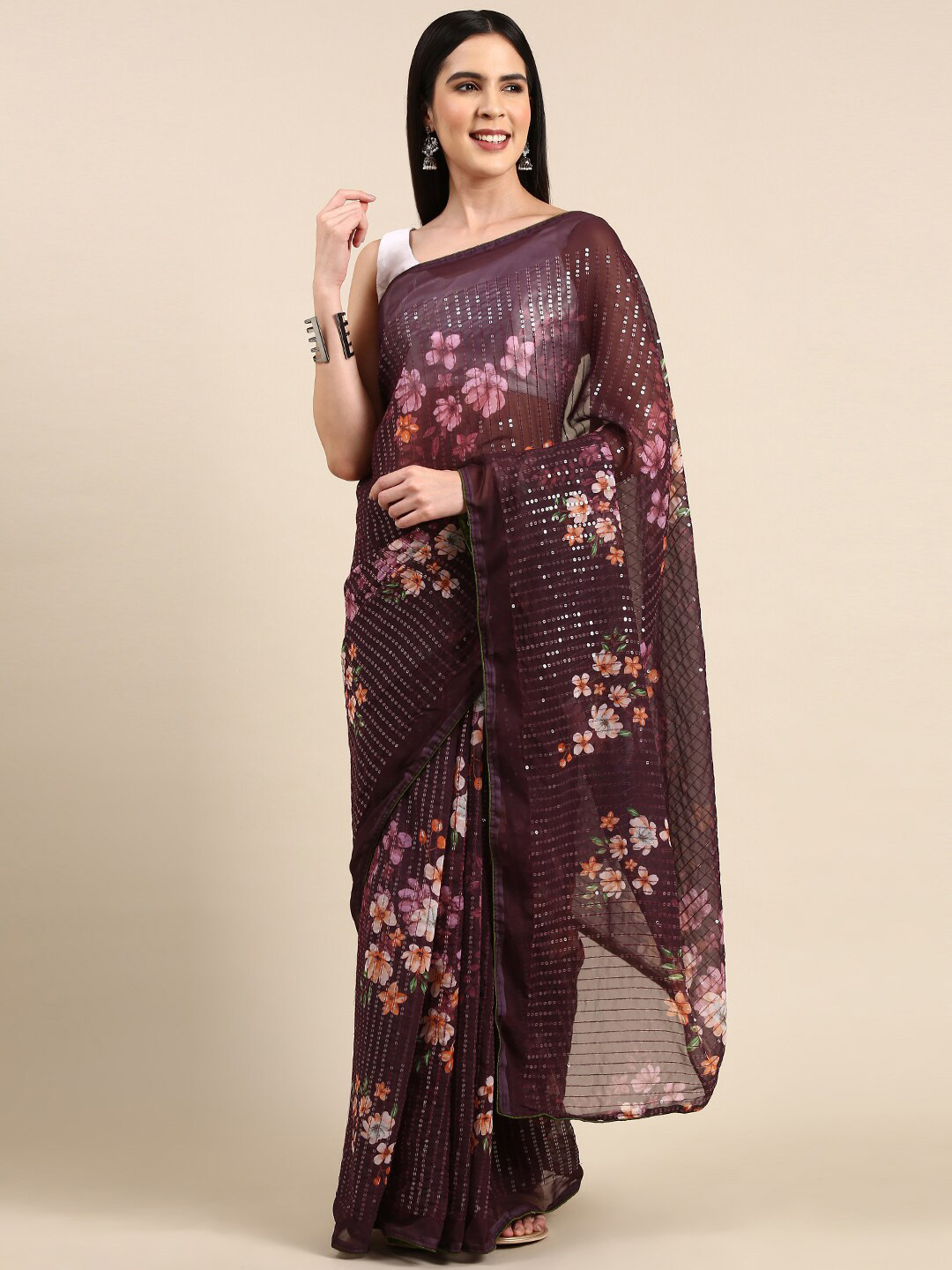 

Anouk Floral Embellished Pure Georgette Saree, Mauve