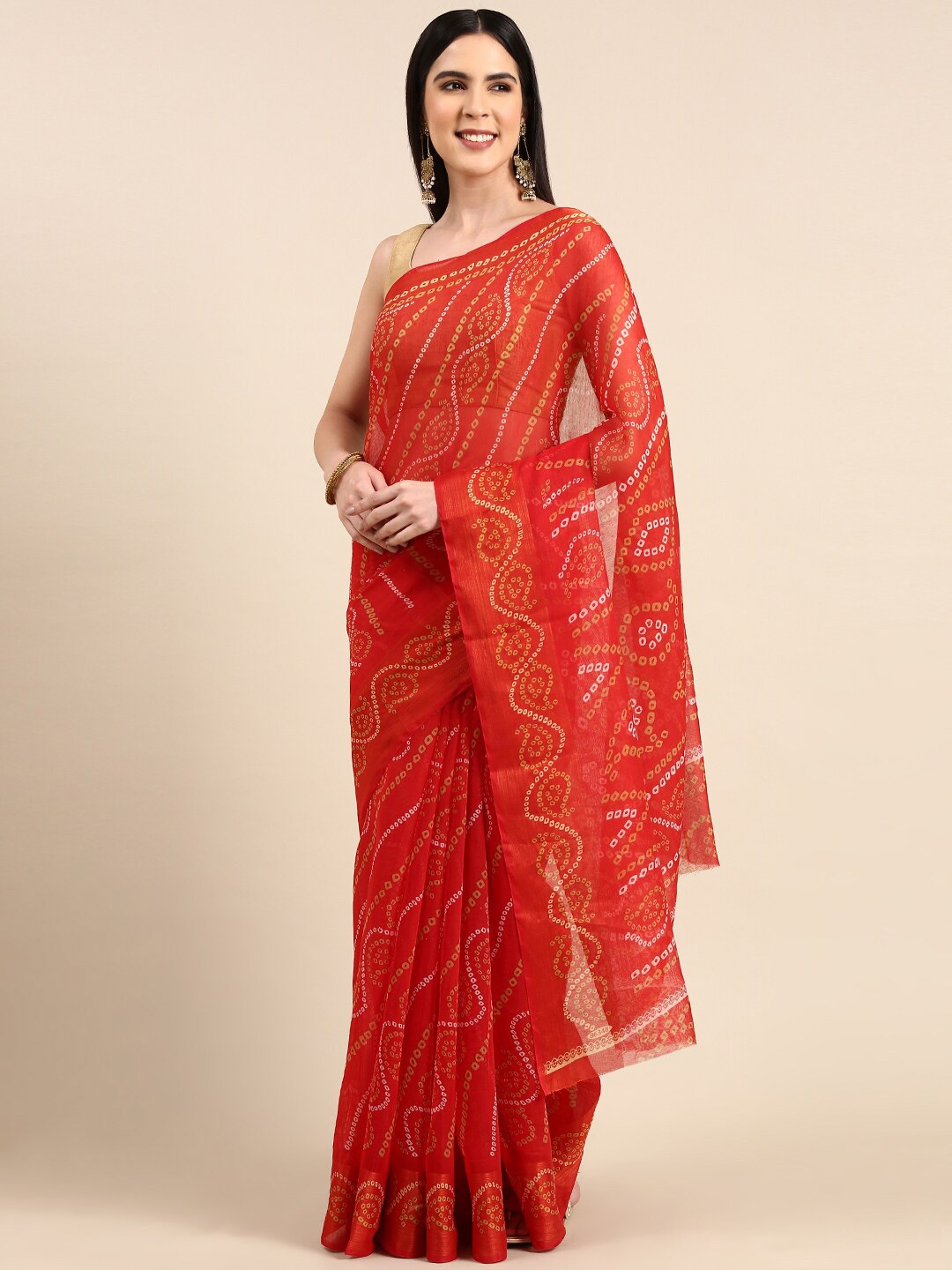 

Anouk Printed Zari Bandhani Saree, Red